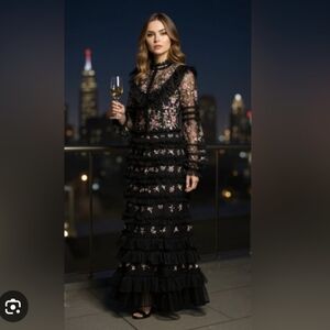 Mac Duggal   Black and Pink Floral Long Sleeve Dress